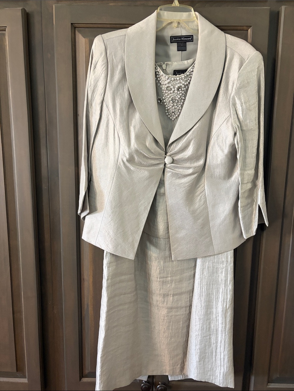 Jessica Howard Silver Shimmer Dress with One-Button Blazer